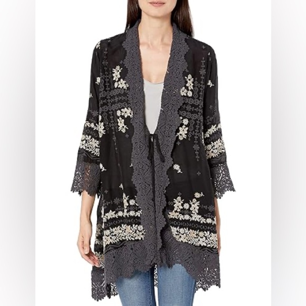 Johnny Was Shikai Kimono Grey Black Floral Lace Embroidered Tie Front Sz Medium